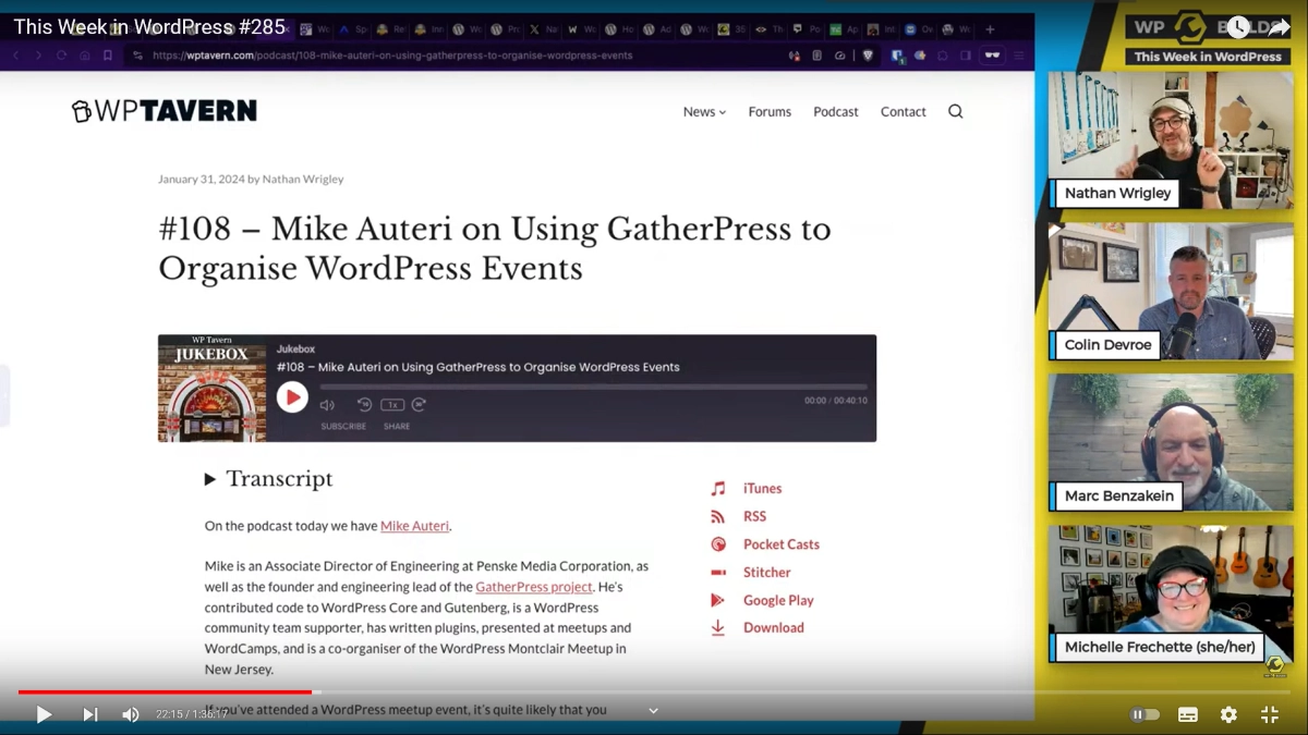Capture from WPBuilds episode 285 with the WPTavern episode and 4 windows with Nathan and guests